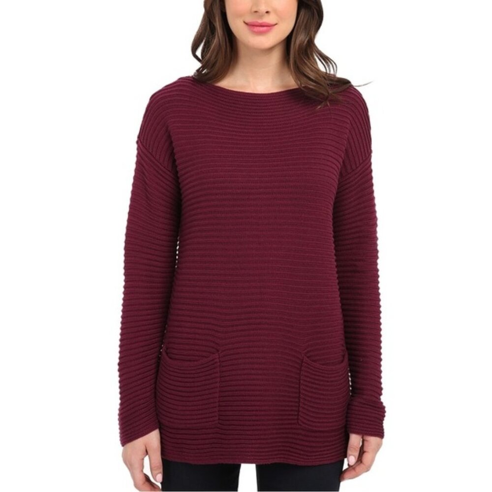 Vince Camuto Knit Pocket Sweater Size S Burgundy Red Longsleeve Boatkneck Women
